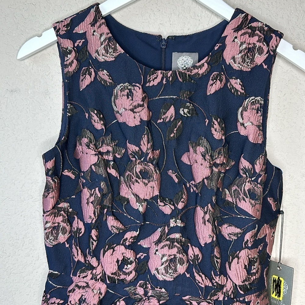 NWT‎ Vince Camuto Navy Floral Jacquard Ruffle Cocktail Dress Size 4 - Picture 3 of 14